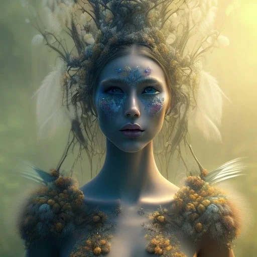 Portrait of beautiful girl, face dept of field,face shining, plant, metal, feathers,central weight average, CWA Dryad, fae, sidhe, ominous, nature, plants, wildflower sparkle,wildflower 3d view, facepaint, dnd character portrait, intricate, oil on canvas, masterpiece, expert, insanely detailed, 4k resolution, retroanime style, cute big circular reflective eyes, cinematic smooth, intricate detail , soft smooth lighting, soft pastel colors, painted Renaissance style,sharp fucus, bokeh,macro lens,