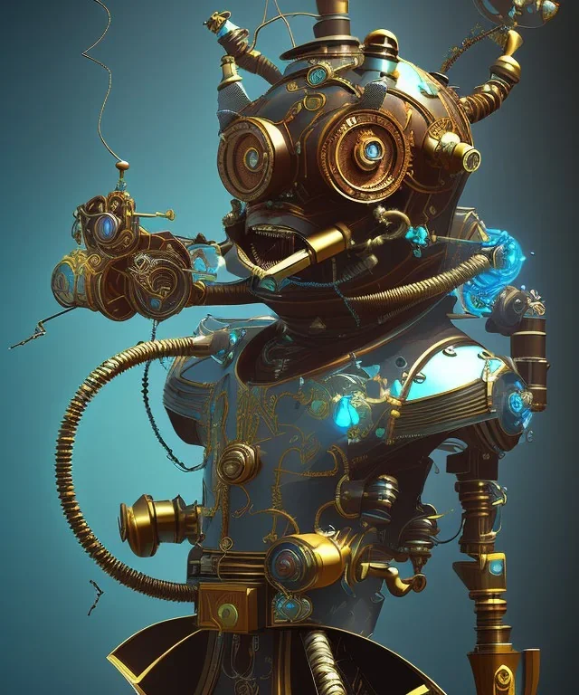 evil mechanical person with a steampunk theme, realistic