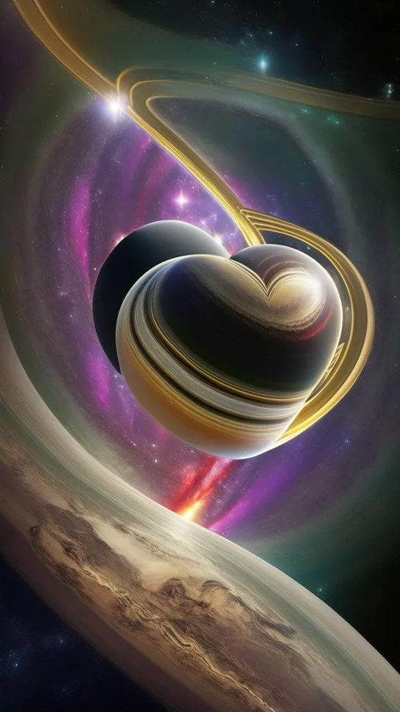 heart-shaped planet in space, with saturn rings , photorealistic