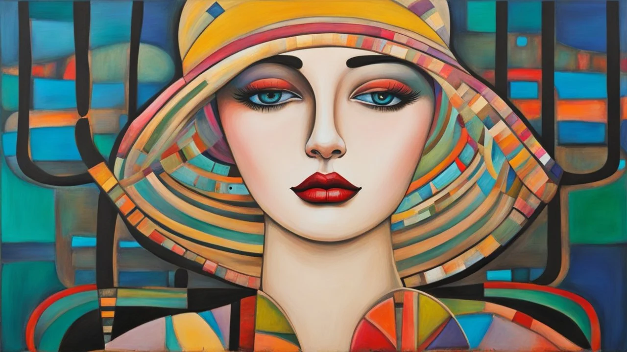 abstract paint from Lady in big hat , vibrant colors, folk art, non-figurative mode, style combined abstract art with dadaism, patchs, black lines, surrealism style