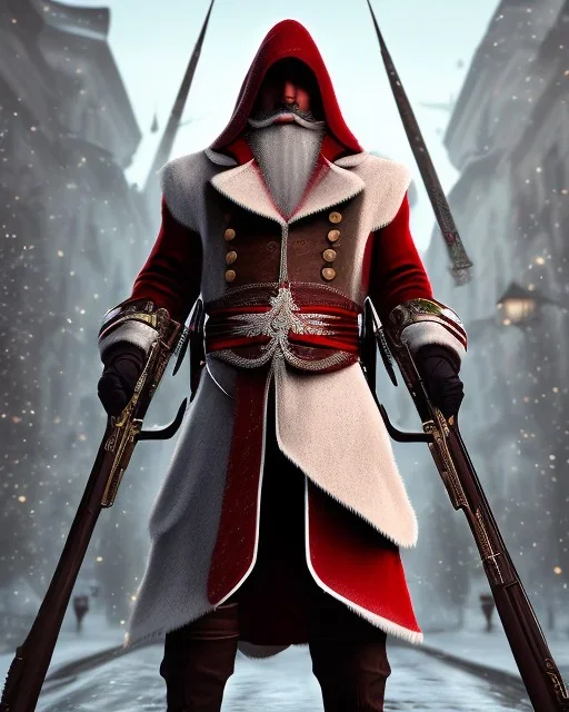 Santa Cruz with long Beard in red assassin Creed clothes,full detail face, high details, cool 1800 city background,