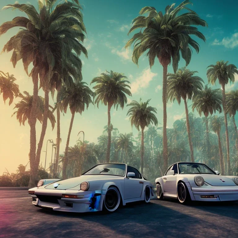 1980's aesthetic vaporwave palm trees and spheres and Porsche with lightning