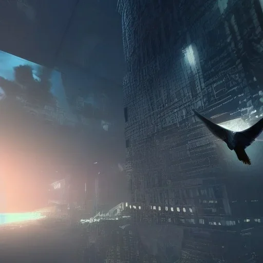 angel fish, cockatoo, alien flying through dystopia, dusk light, city background, unreal engine 5,elegant