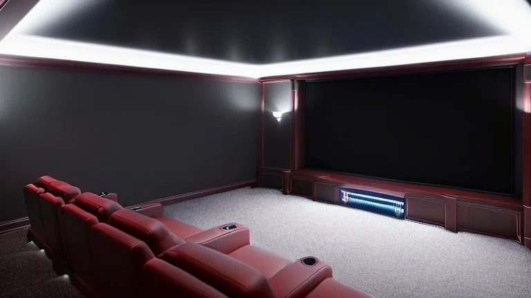 Generate an image of a sleek home cinema with our top-notch projectors and surround sound systems with a star-lined ceiling similar to a Rolls Royce in a high-rise penthouse