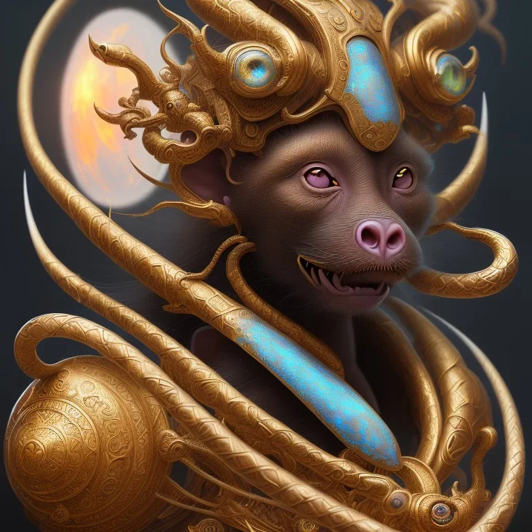 Sango fantasy, fantasy magic, intricate, sharp focus, illustration, highly detailed, digital painting, concept art, matte, art germ and Paul Lewin and Kehinde Wiley, masterpiece black Boar head bronze monkey Asian African girl nice breast Hawaiian hair turquoise golden waves