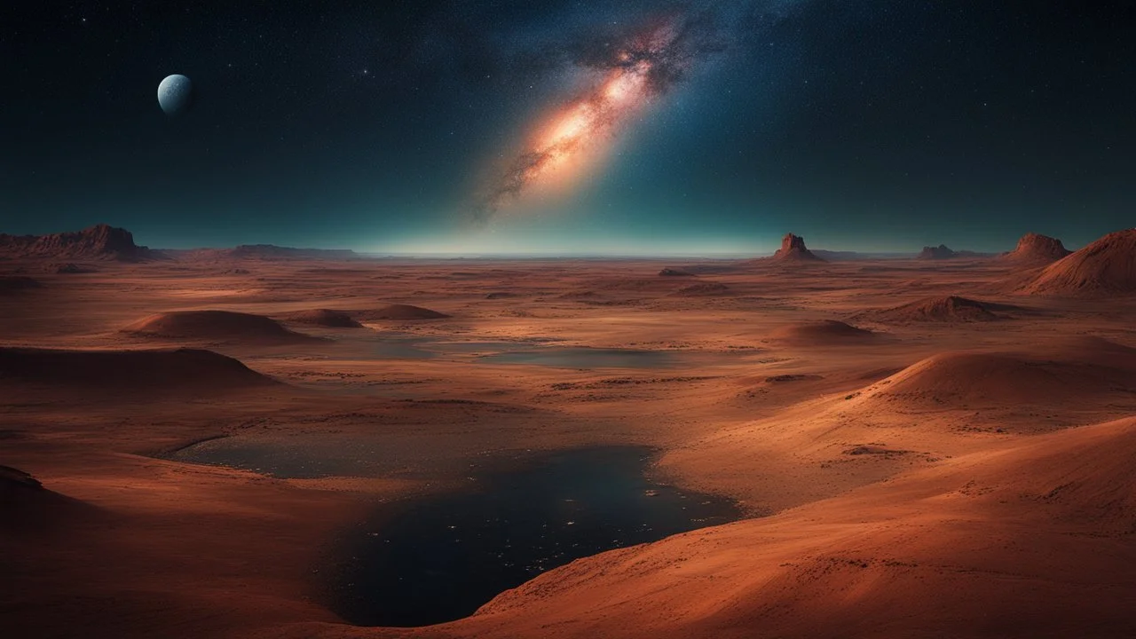 dream world, Martian landscape, calm beauty, fantasy world, magic, night, darkness, starlight, splendor, uplifting, inspiring, therapeutic, chiaroscuro, color, award-winning colour photograph, beautiful composition, Nikon 35mm