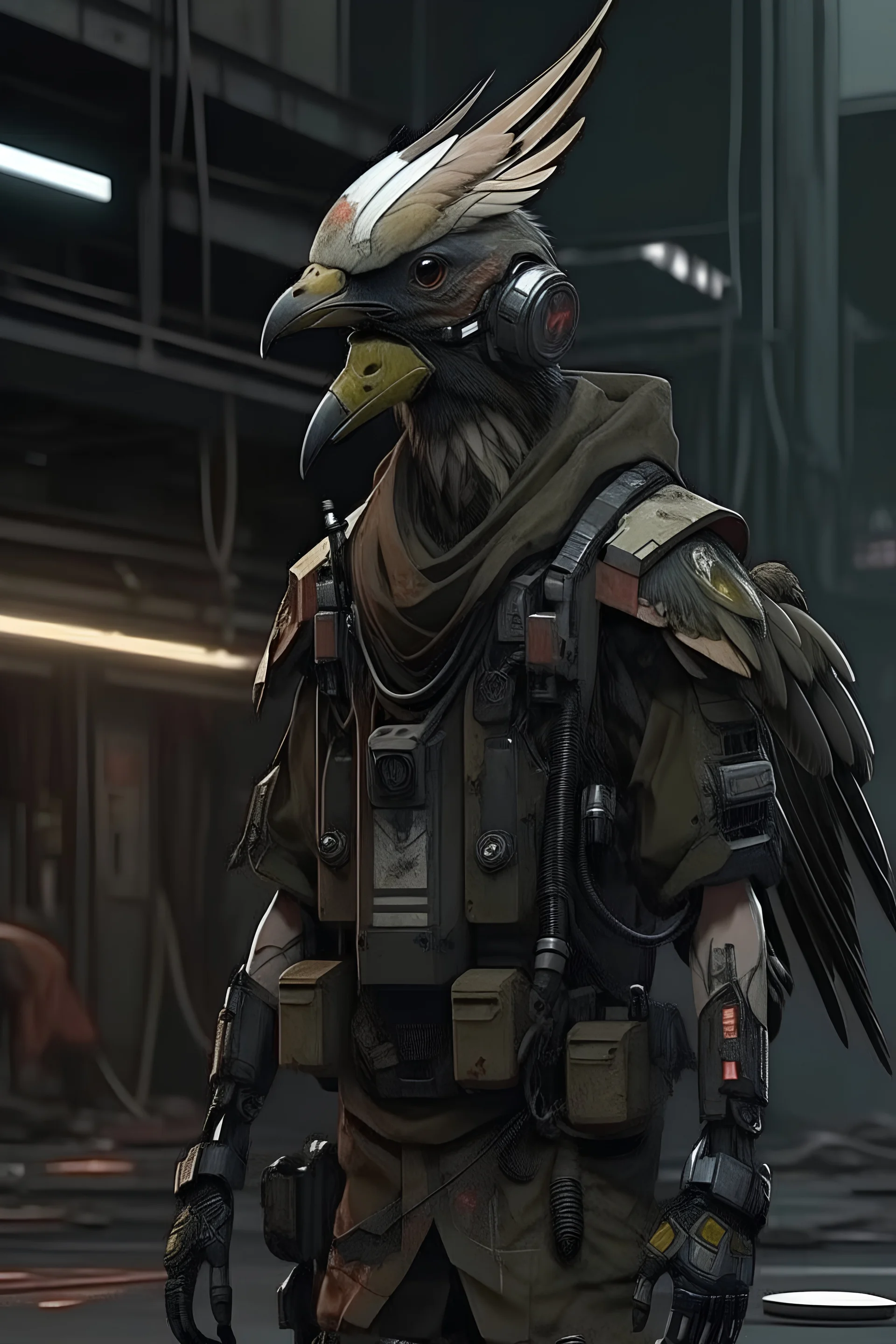 cyberpunk enggang bird indonesia, standing, weapon, helmet army, 8k, realistic, full body raw, culture indonesia