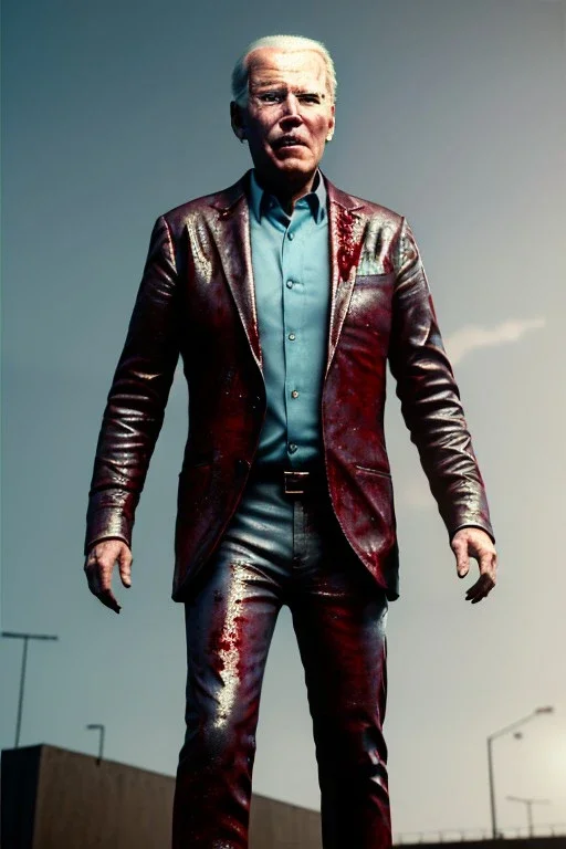 realistic image, joe biden zombie, blood, night, walking twisted, waist up view, 80s, dark ambient, highly detailed, sky background, concept art, unreal engine 5, god rays, ray tracing, RTX, lumen lighting, ultra detail, volumetric lighting, 3d, finely drawn, high definition, high resolution.