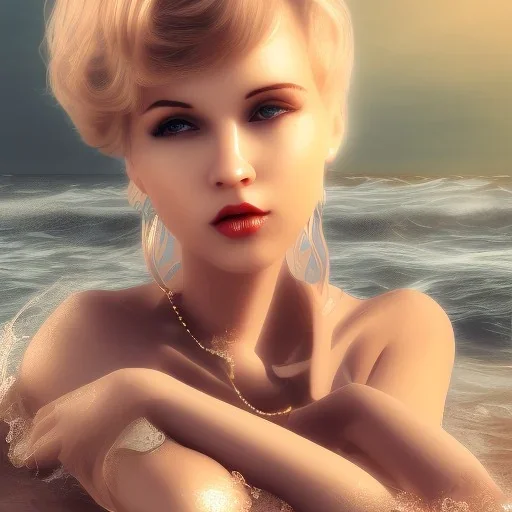 Aaron Carter with sexy Clara Bow, stormy seas, two people, Aaron Carter, romance, romantic, water, swimming, DAZ3D, by Michael Turner, soft lips, cinematic lighting, studio lighting, shine, 4K, fantastic view, girls at beach with her.