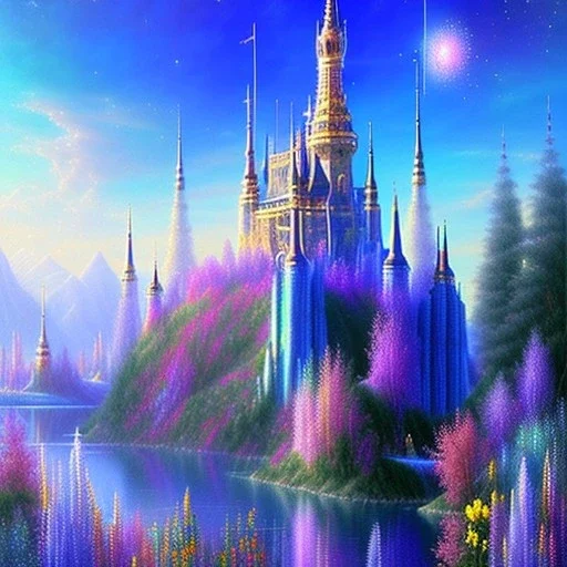 one big Cosmic castle crystal subtle in a galactic ambiance , blue lake, cascade, delicate flowers, delicate colors, bin the foreground, full of details, smooth，soft light atmosphere, light effect，vaporwave colorful, concept art, smooth, extremely sharp, masterpiece, best quality, blue skinned, sparkling,8k, , sun light, 8K, RAW, depth of field,high contrast,