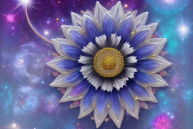 only one cosmic white an gold crystal flower in blue and pink cosmos