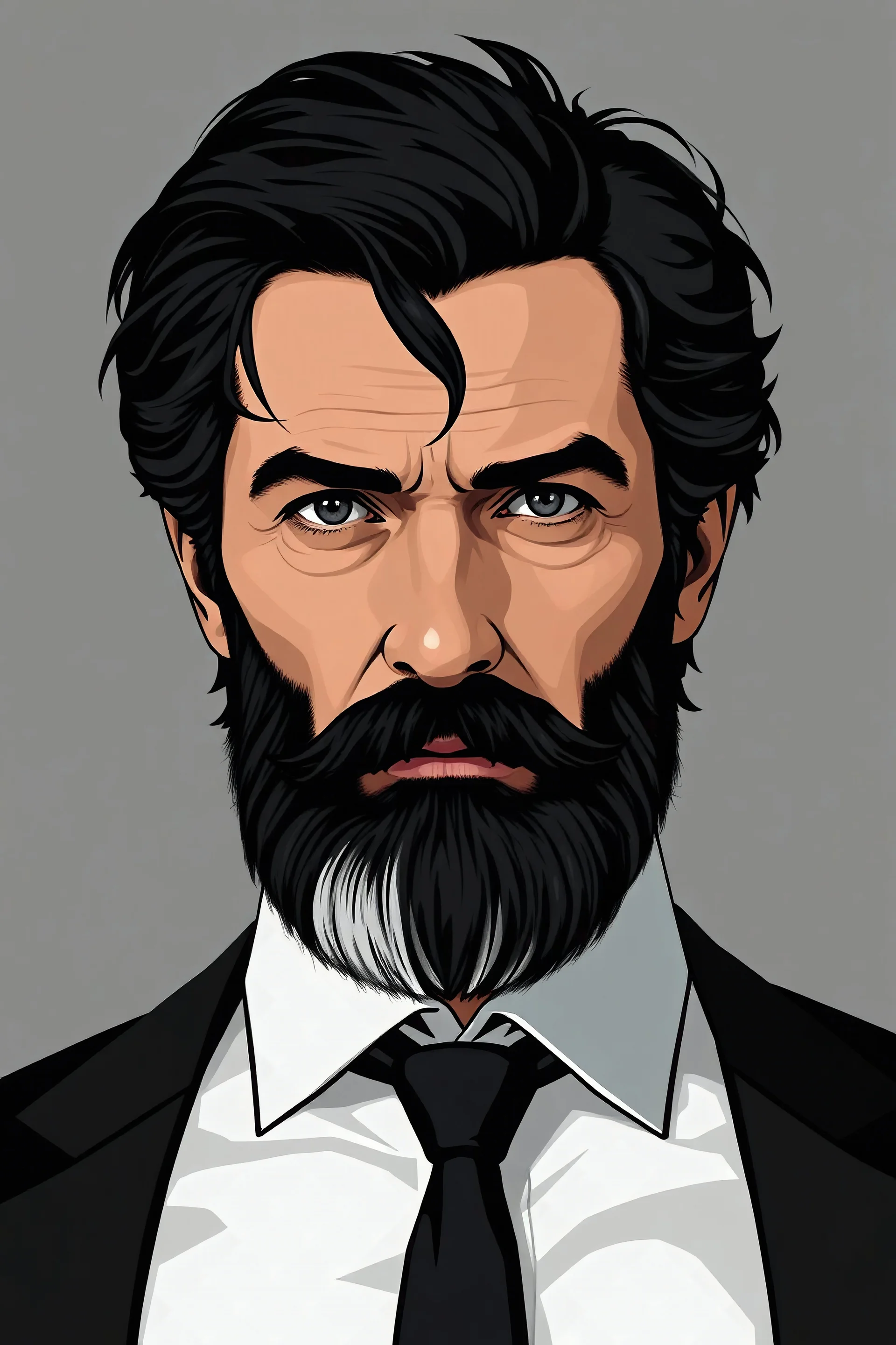 create a male character based on john constantine, with black hair, thick but well kept dark beard with some white hairs, flat grey background black suit and black tie, face about in his 40s.