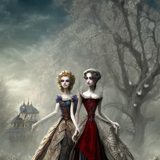 extrem tim burton style of the evil stepsisters, sharp focus, beautiful eyes