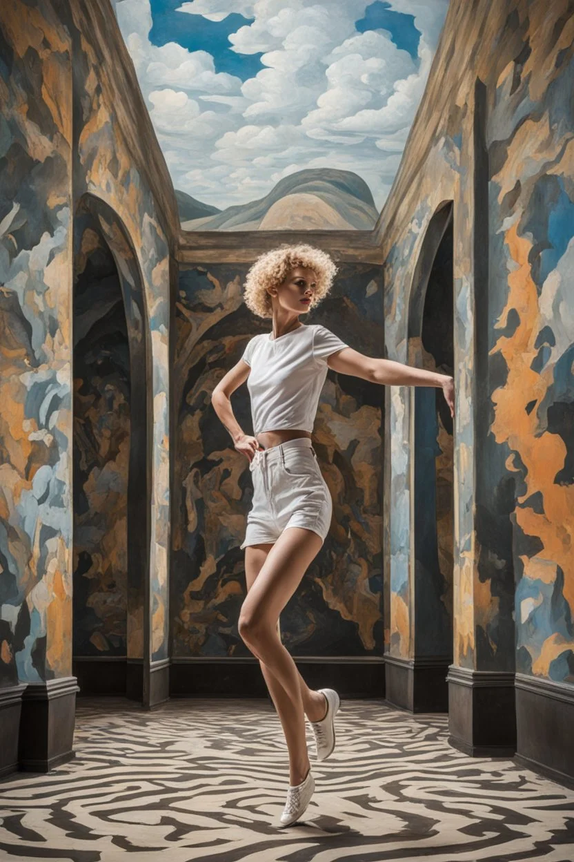 A photo of a very skinny woman with a pale skin and a short curly blond haircut is dancing and jumping in a ruin full of murals made by Magritte and big Mirrors in the ruin with the optical illusion of a pipe dream room train