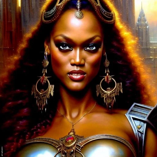 portrait beautiful face Tyra Banks, busty,ancient metal armor balanciaga fashion clothe painting by gaston bussiere, greg rutkowski, yoji shinkawa, yoshitaka amano, tsutomu nihei, donato giancola, tim hildebrandt, oil on canvas, cinematic composition, extreme detail,fit full head inside picture,16k