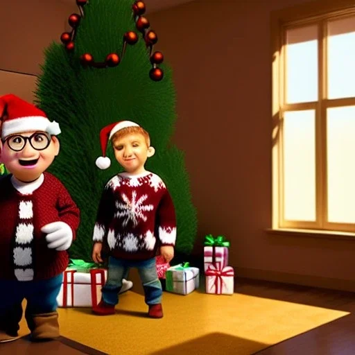 pixar style rendering, volumetric interior of old home with xmas tree is the background,peter billingsley is a chubby kid with glasses, gripping a single Dark red soap bar, ((brown))argyle sweater,