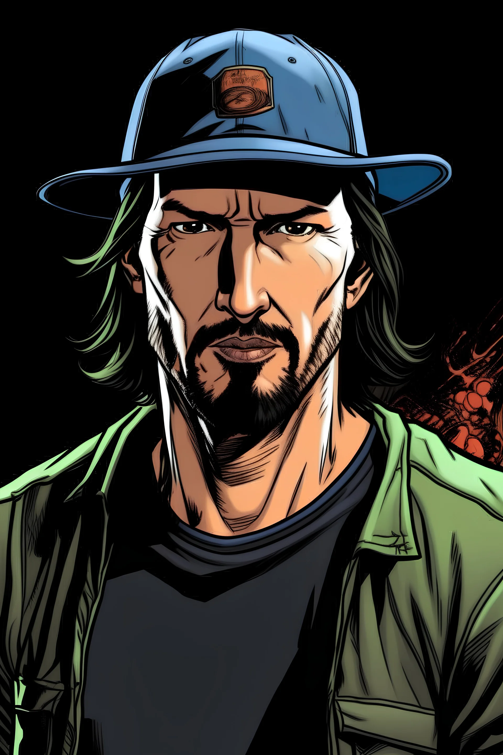 Keanu reeves lookalike with baseball hat and his stomach coming out from the belly button comic book style tales from the crypt horror
