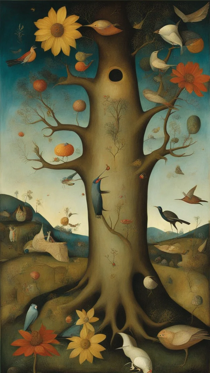 Hieronymus Bosch style , nightmares, trees and flowers