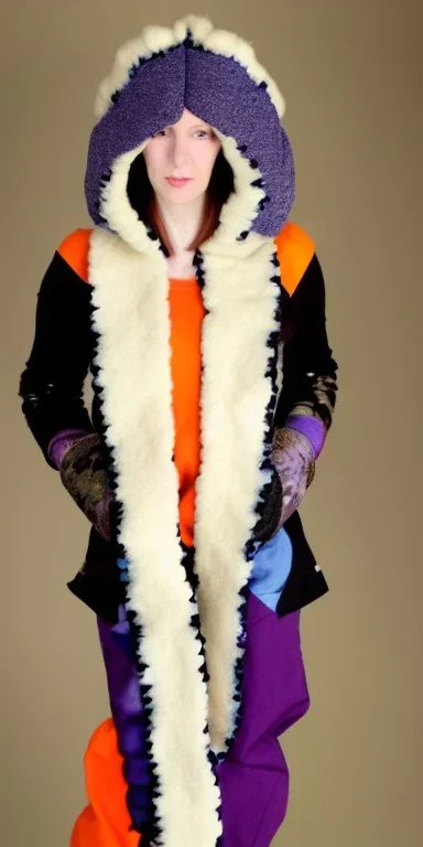 Caucasian white woman black hair. average body type. Mantle is sewed of recycled Denim and sewed together of camouflage pieces. Patterns are composed of orange, cream, blue, lilac and purple. blue latex gaiters. It is with big bright purple felt tippet and cream-colored-hood. mantle is merged with tippet. Big AKG-style headphones (gold rings!) is merged with small felt cap with small visor. Style: Haute Couture, 1920's, Paris fashion, late nineties, street art.