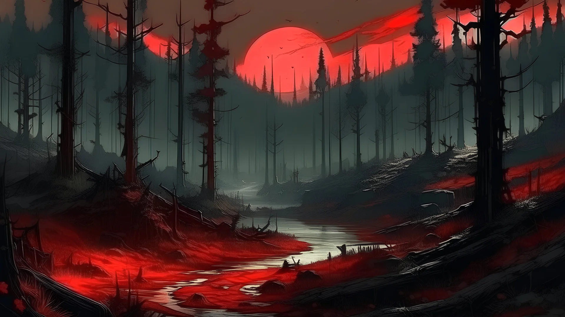 Landscape of a run down forest. Desolate. Salvage. Scavenge. Survival. Loot. Blood moon. Red. Zombie