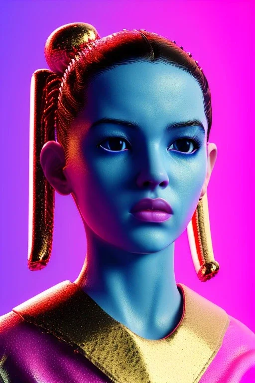 Ultra Realistic image, Rosalía artist, waist up portrait, black eye line, sweet angry face, geisha hair style, spray line make up, geometric, gold, big rings piercing, led ornament, bubble latex coat, inflatable, cold, led lights, pop style, neon, pink, blue, gold, vibrant color, highly detailed, art stations, concept art, smooth, unreal engine 5, god rays, ray tracing, RTX, lumen lighting, ultra detail, volumetric lighting, 3d, finely drawn, high definition, high resolution.