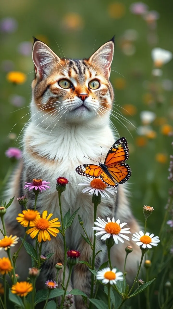 Love cat , add a butterfly on a wild flowers to this picture