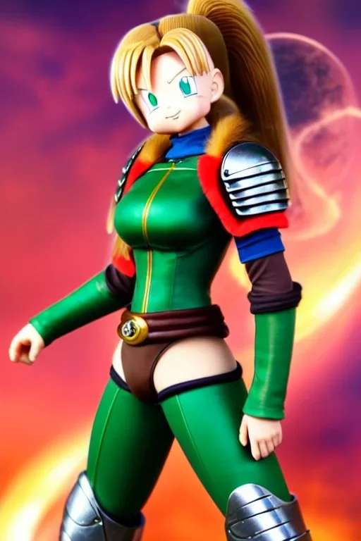 In the style of Toriyama, hyper detailed, strikingly beautiful teen female, 16 years old, long ponytail, ginger hair, green eyes, medium freckles, full lips, micro top, black leather armour lined with fur, full body, full face, tiny breasts, athletic, centred camera, ignore NSFW, thong, camel toe, athletic