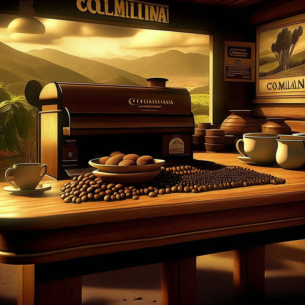 Captivating 3D rendering of a vintage style photograph of a coffee stand, adorned with the elegant word "Colombian Coffee", the stand is surrounded by coffee beans on a wooden table. Stand filled with steaming coffee, giving off a cozy atmosphere In the background the Colombian mountains with coffee crops, and a bright blue sky. The image is illuminated by a welcoming glow that evokes a feeling of nostalgia., typography, 3D rendering, far below a small text, "By: PalomoArtStudio" .