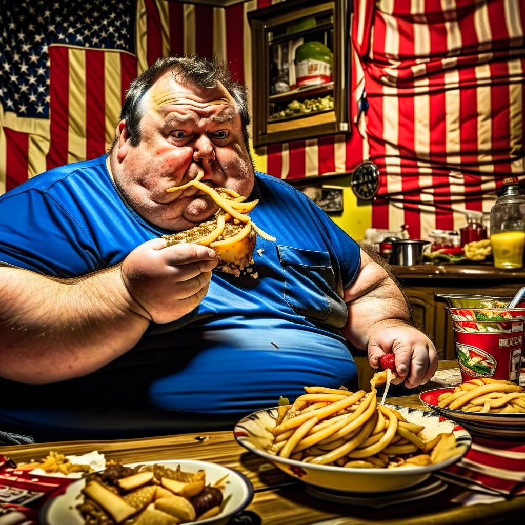 patriotic repulican fat american eating fries in his messy kitchen HD