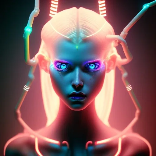 Demon girl, lumen lighting, led lights, <hanging wires> many wires connected to the head<perfect pupil> <cyborg> <garage> <sci-fi futuristic>