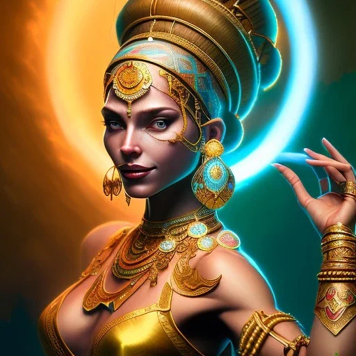 dhalsim as gypsy woman with arms above her head ,yoga artist , 4k, Masterpiece, perfect eyes, Digital Illustration, Cinematic Lighting, Realistic, Sharp Focus, Centered, Beautifully Lit, Bioluminescent by Stanley Artgerm Lau