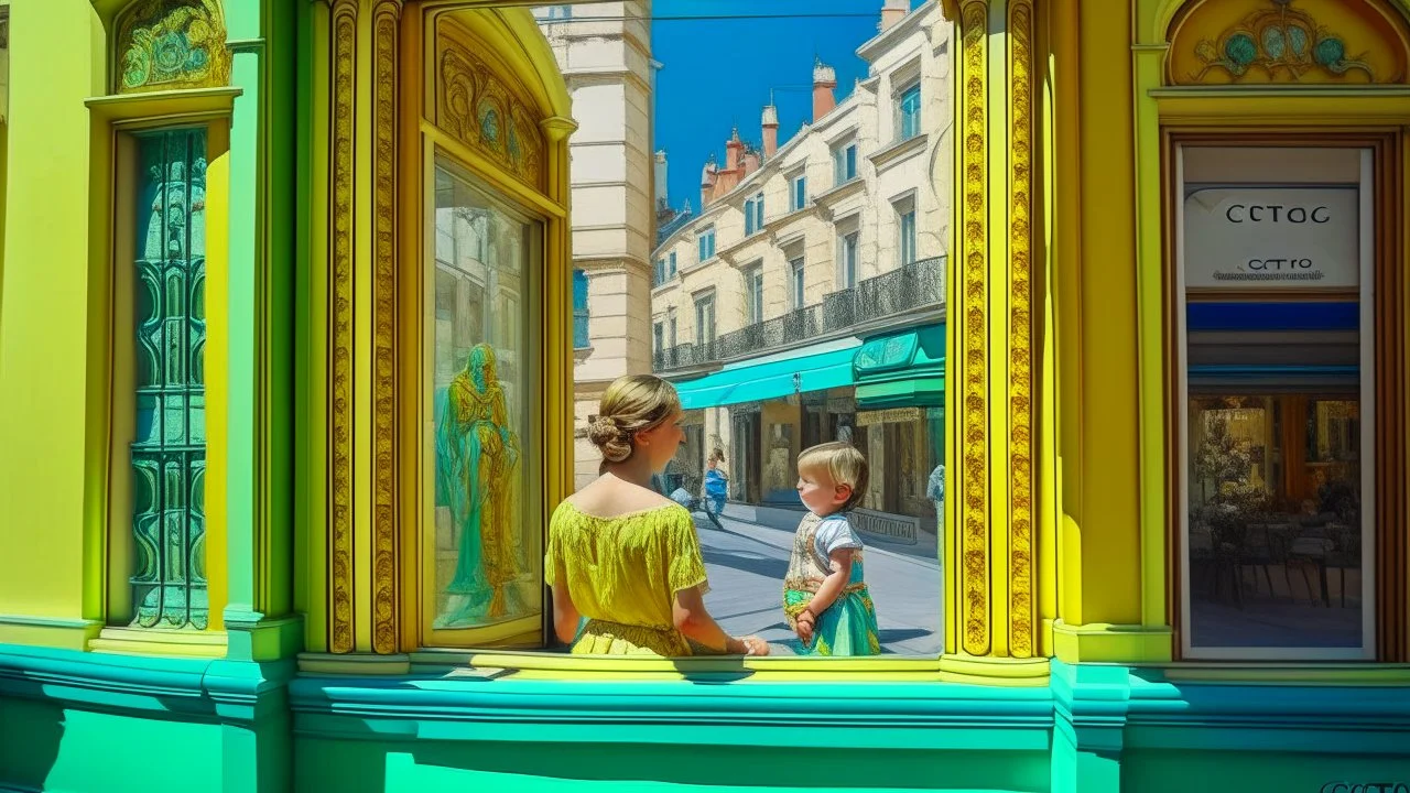 Neoclassicism mother and child looking at a shopwindow distend zoom out realistic cote d'azur colorfull