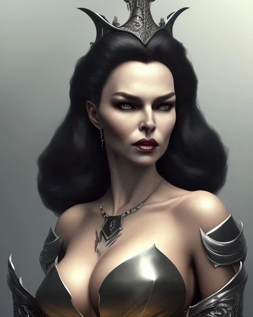 old evil queen in black leather gown, femme fatale, volouptous, busty, cleavage, angry, emperious, 8k resolution concept art portrait by Greg Rutkowski,