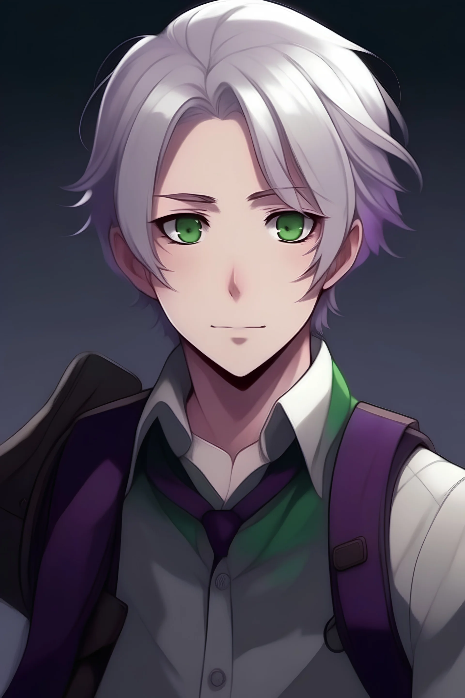 purple shirt, grey satchel, green eyes, white hair, anime