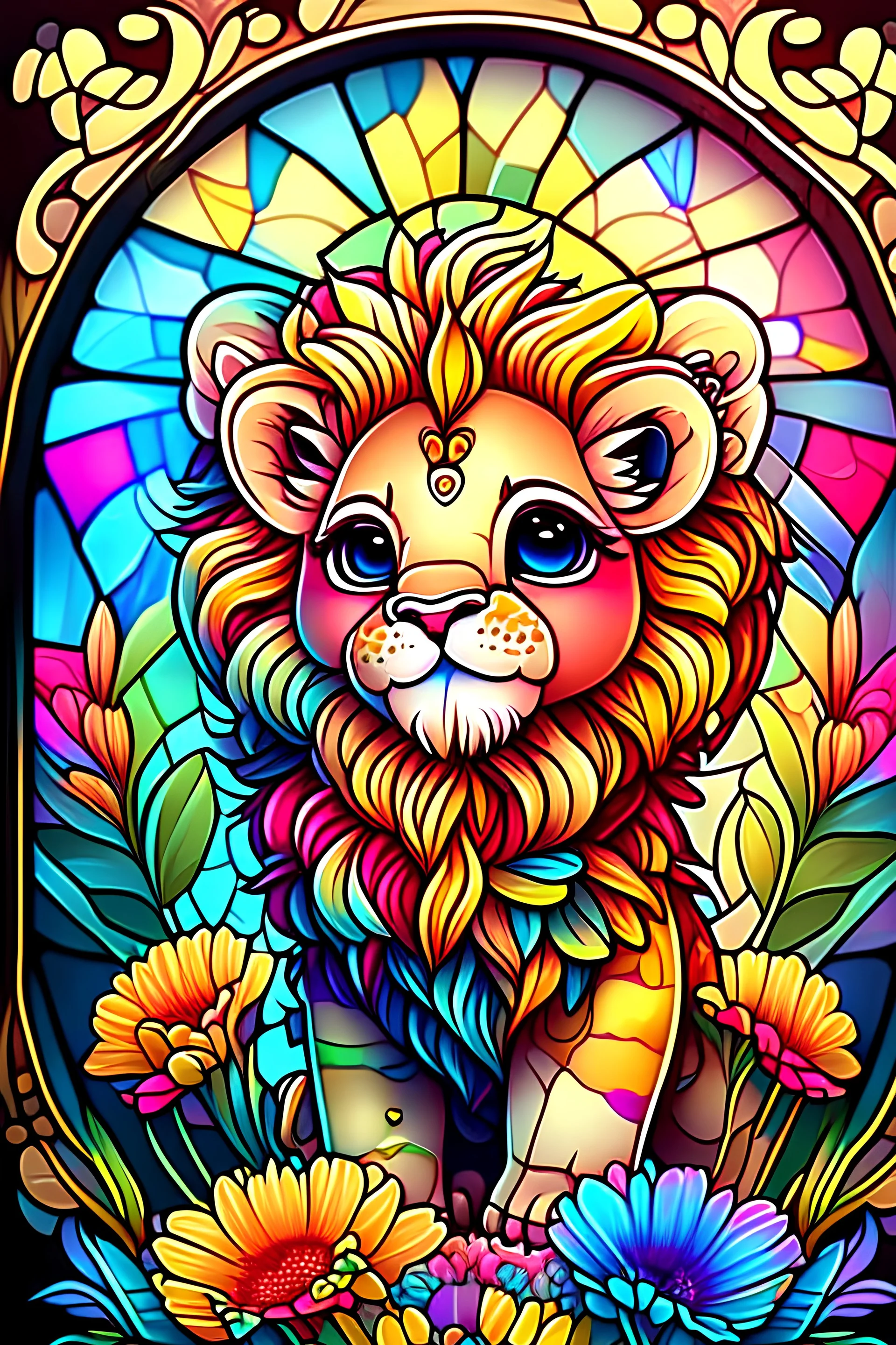colorful kawaii cute splendid lion cub, perfect flowers, bright deep vibrant color, high detail, 3D vector art, cute and quirky, fantasy art, centered, in frame, stained glass