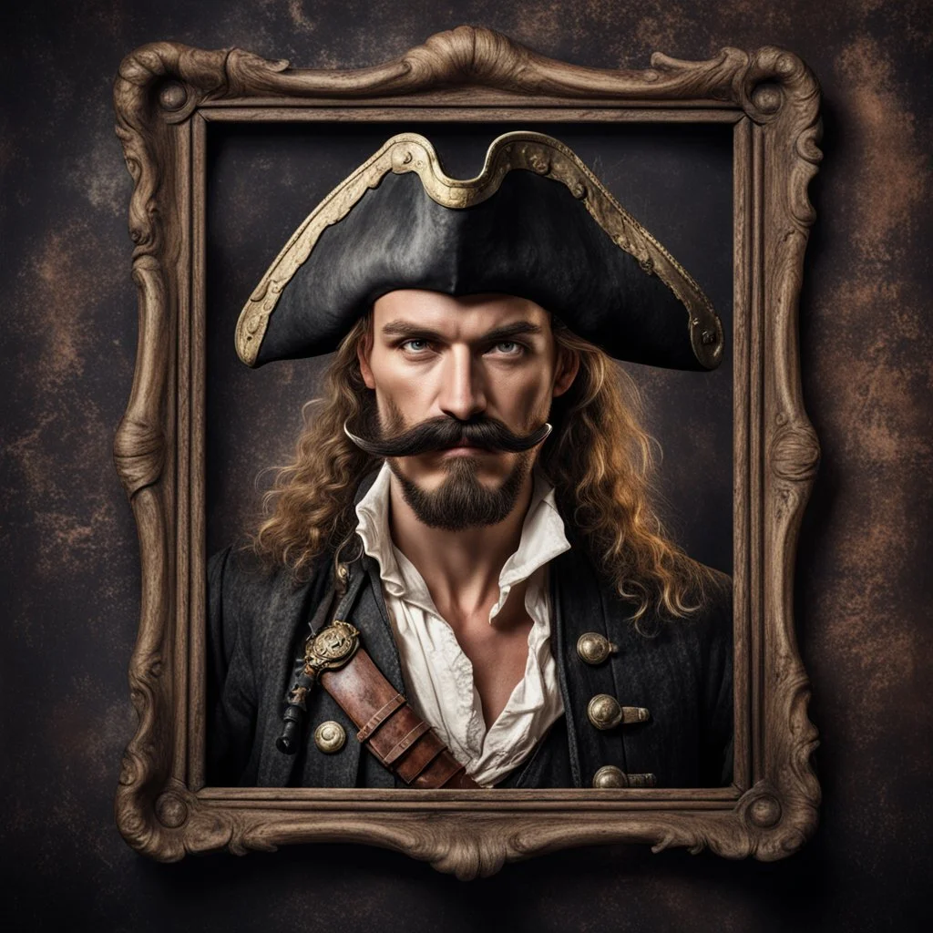 Hyper Realistic vintage frame portrait of a pirate with thick moustache with his sword on a rustic dark wall