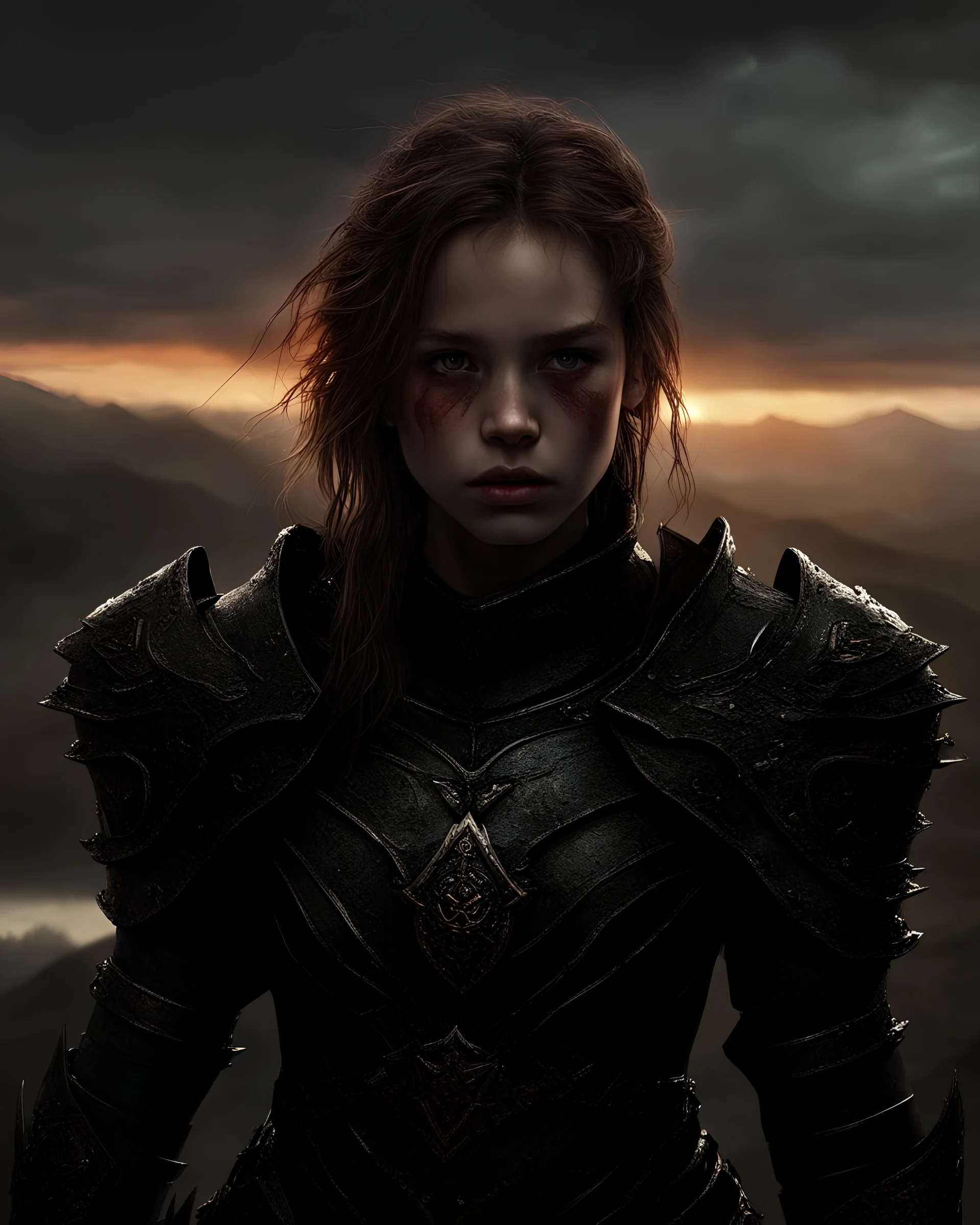 A formidable warrior girl in black armor, on the background Amazing gloomy landscape, flooded with sunset, mountains, trees, fabulous scary hero, , juicy emotions, painting, dark fantasy, gloomy day, dark world, portrait, by James Paick