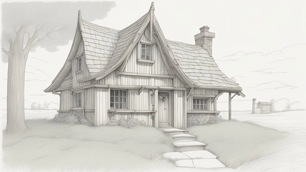 A front elevation fine line drawing of a fantasy wooden cottage reminiscent of the Burrow from Harry Potter
