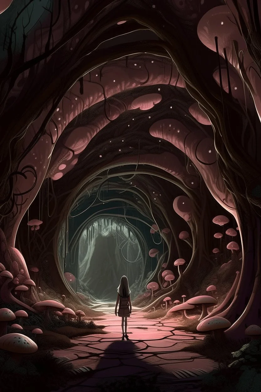 A surreal scene a tunnel-like structure filled with intertwined mushrooms trees , The tunnel is lined with countless writhing aliens bodies, creating a chaotic and nightmarish atmosphere. At the end of the tunnel, a solitary beautiful girl figure walks towards a distant light source, casting a glow that illuminates the scene. The overall color palette is muted with shades enhancing the ominous and unsettling mood. The level of detai