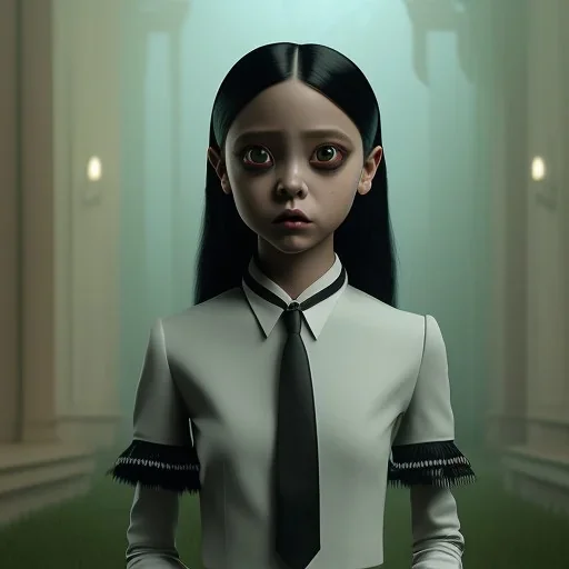 Addams Family film still of jenna ortega as a gothic schoolgirl, directed by tim burton highly detailed, volumetric lighting, unreal engine, 8k