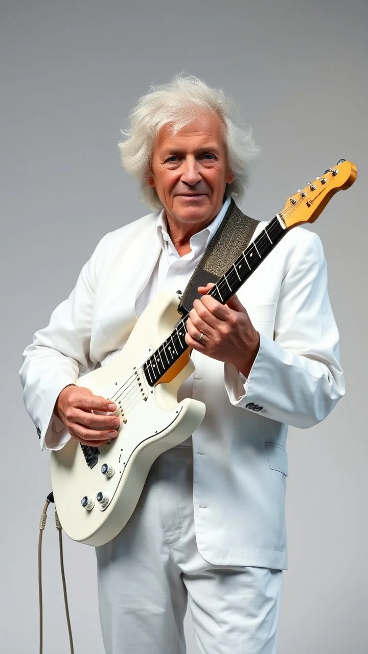 John linen in his 70th old , all dressed in white holding a white guitar white background all white picture including his hair