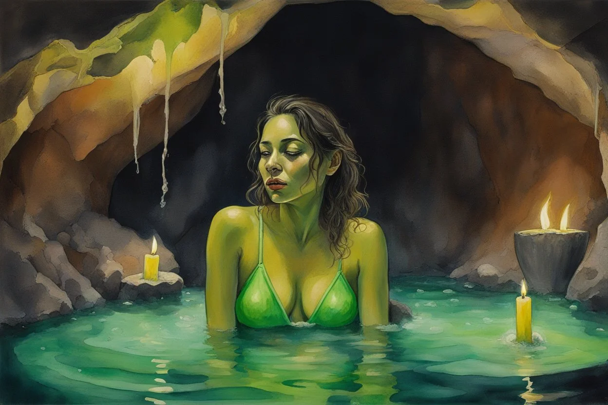 Close-up portrait of a woman in a bright neon green bathing suit sitting in the water of a cave bath, the walls and ceiling of the bath are dark brown clay-like, a few candles illuminate it suggestively, the woman is contentedly sipping champagne, lifelike watercolour, S<AI