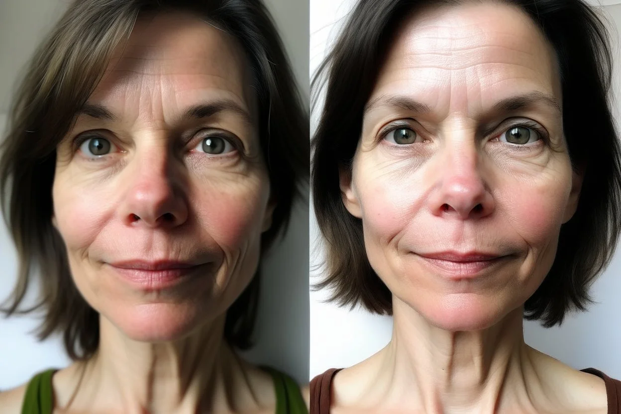 A selfie of a brunette woman, middle short hair, showing a 44-year-old European woman. She has white skin, tousled brown hair, face without makeup, big round dark brown eyes, cute nose, detailed full lips, skin texture. Split screen and show the same face but 15 years older