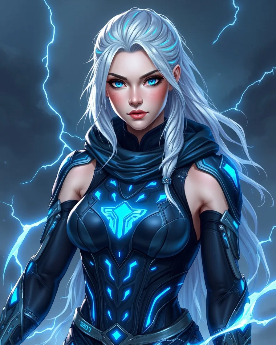Aria Stormweaver - The Cyber-Fae Court Mage Heritage: Nordic-Celtic fusion with ethereal fae bloodline Profession: Royal Court Technomancer and Storm Controller Appearance: Platinum blonde hair with electric blue streaks that pulse with power, ice-blue cybernetic eyes, athletic build enhanced with silver bio-tech implants along arms Abilities: Weather manipulation through quantum processors, can interface with both ancient ley lines and modern tech networks Background: Former street hacker who d