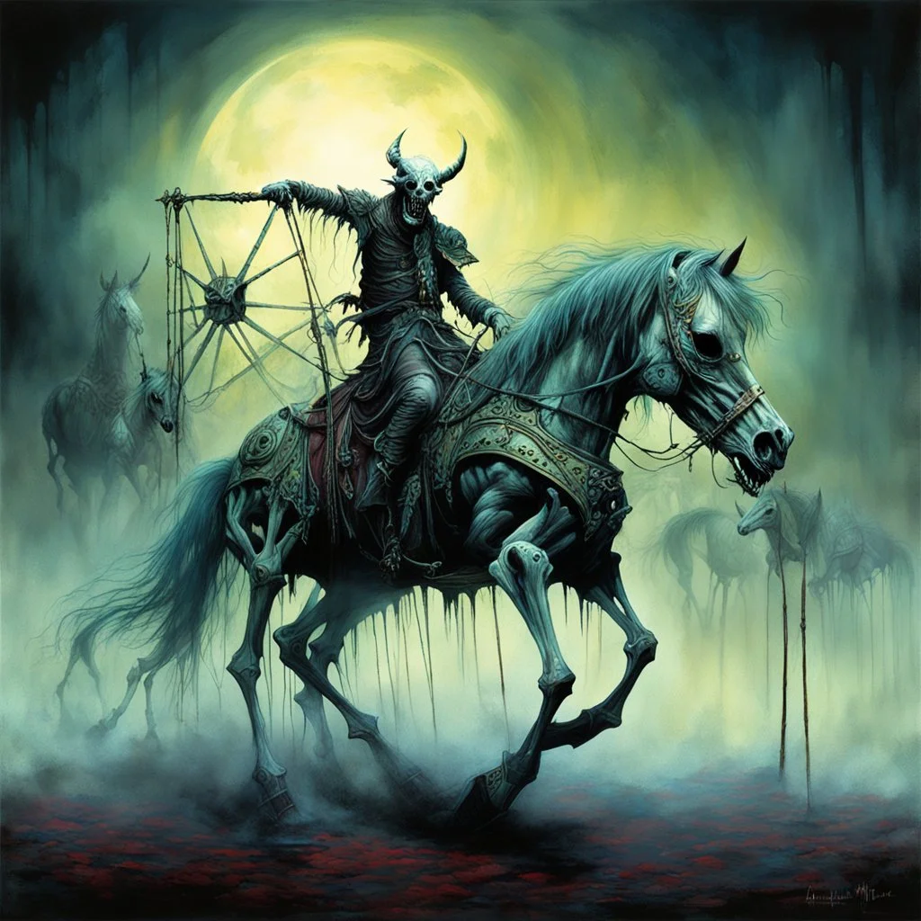 Misery-Go-round, nightmare carousel decayed zombie skeletal horses, by Michael Whelan, by Stephen Gammell, digital illustration, palpable textures, enveloped in an approaching nightmare, high contrast, Whelan's distinctive visceral horror style, dour colors, heavy ethereal mist, smooth