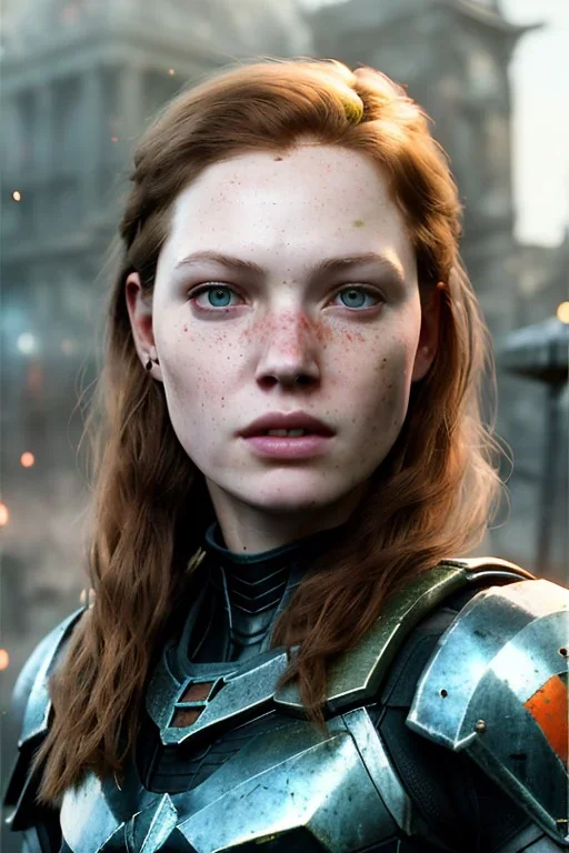 ultrarealistic, concept art,ruined city,__intricate fantasy armor__, no star, __angles__, 18 year old woman, strikingly beautiful,ginger hair, _colour_, (pale __skincolor__ skin:1.2), __camera__, long hair, detailed face and eyes, medium breasts, sci-fi theme, freckles, dynamic pose, resolved expression, __accessory__, strappy outfit, (straps:1.1), sword in scabbard on left hip, (buckles, buttons, snaps, rings:1.0), haltertop style breastplate, detailed eyes, plump lips