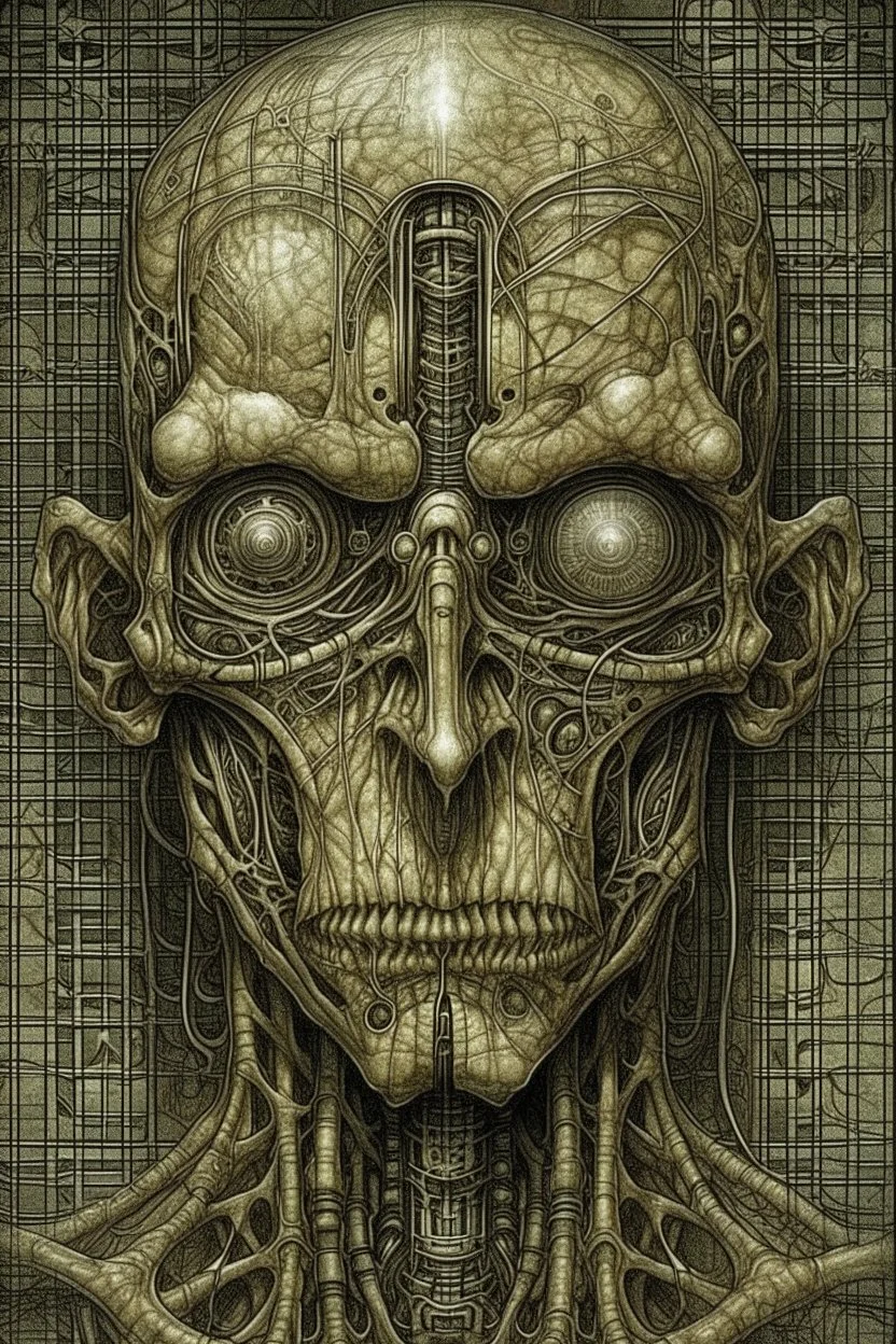 The full body of strange face or an old man , a thin line draw ،front view camera, decayed and rotting with grotesque proportions and imagery. surreal horror, eye mask on the face , biomechanical design, by hr giger and beksinski , Busch painting style