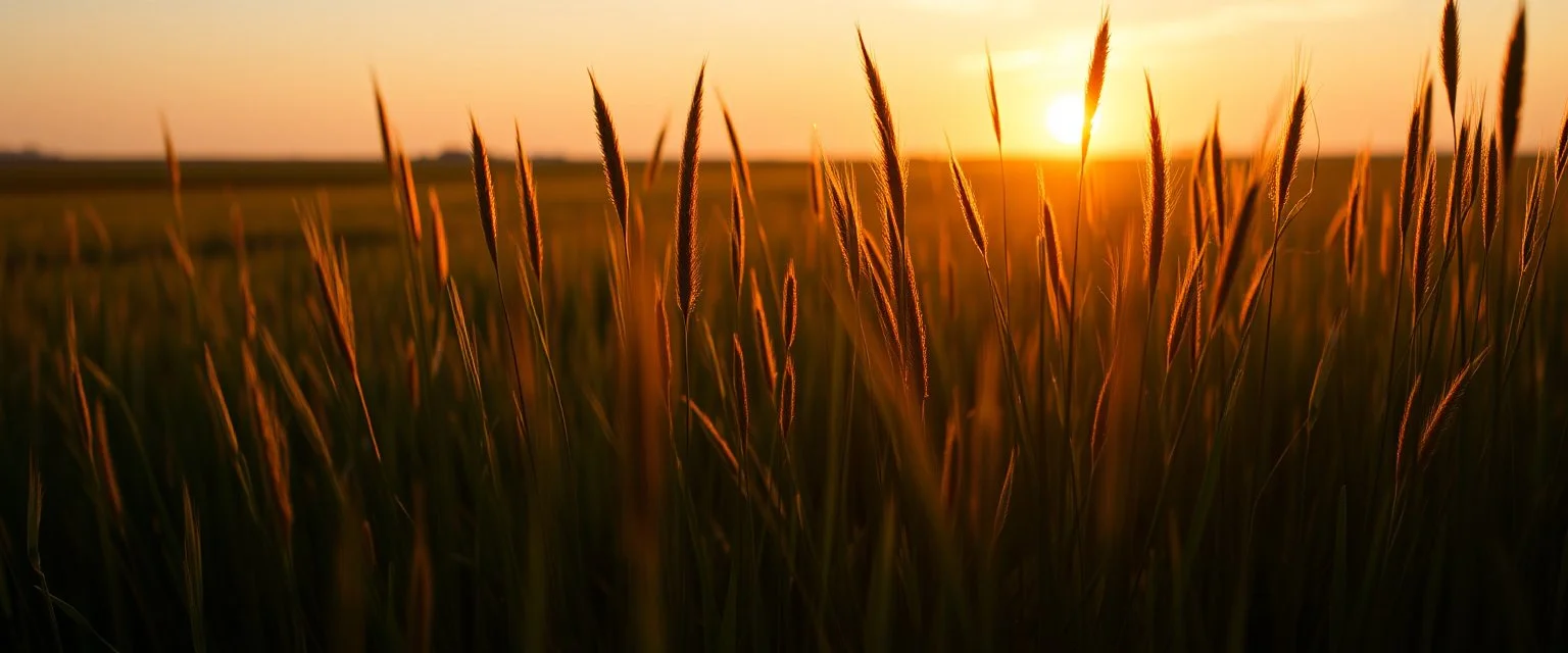 green grasses silhouette on the prairie, with golden sunset
