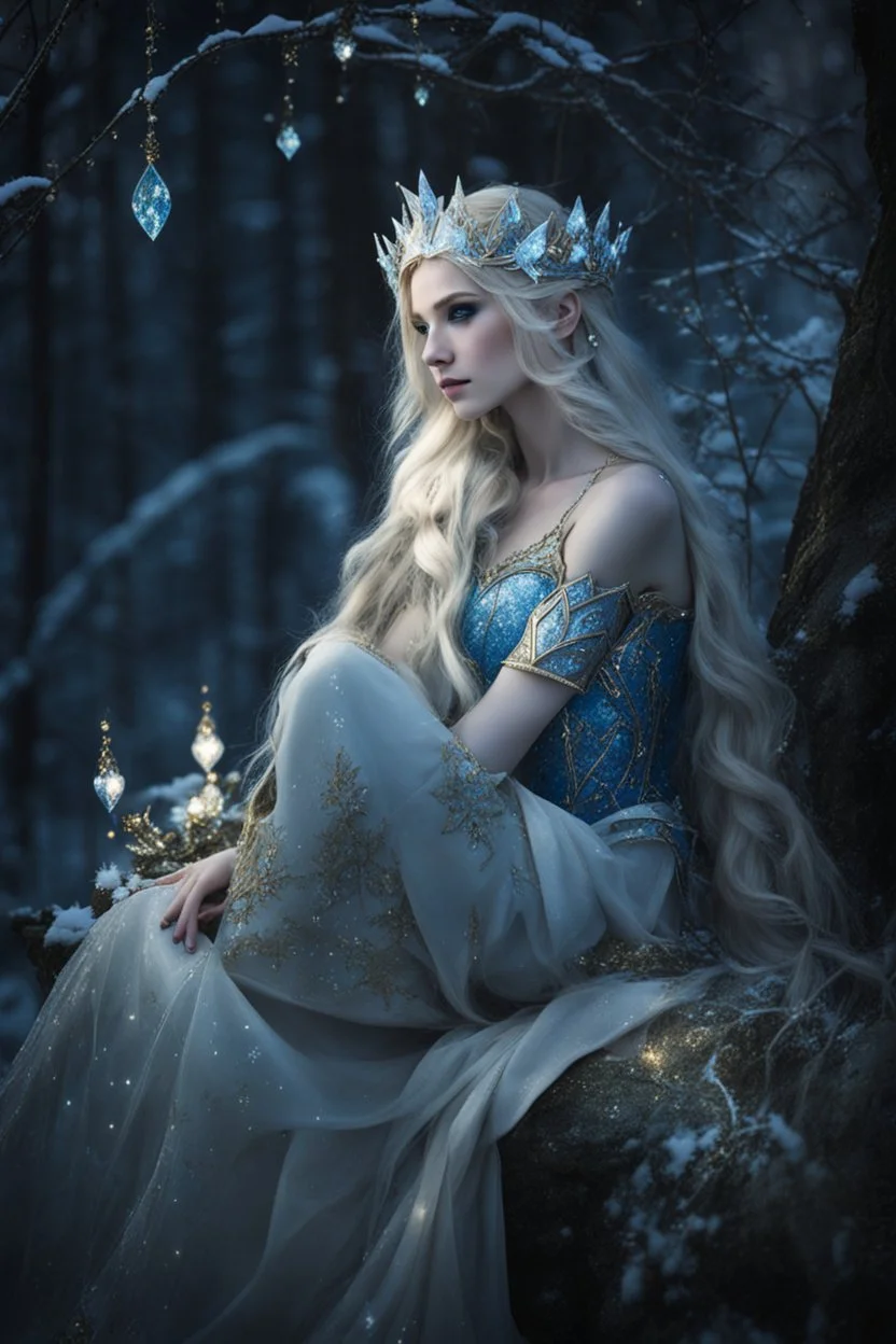 Elven princess,elven crown,long blonde golden hair,rapunzel hair,ice flowers,beautiful,light blue,dark blue,golden armor,sparkle,glitter,ice flowers,snow,elven ears,dark fairy princess