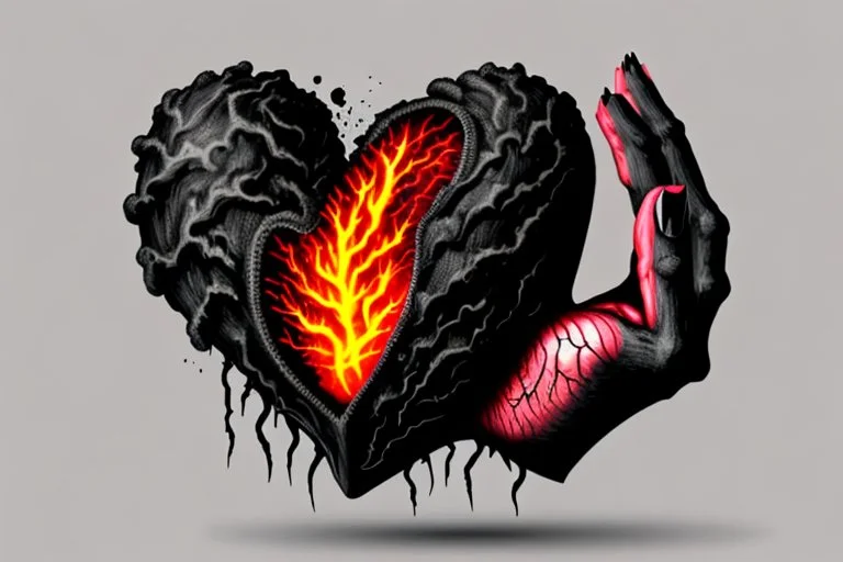 A black hand made out of black smoke violently crushing an anatomically correct heart